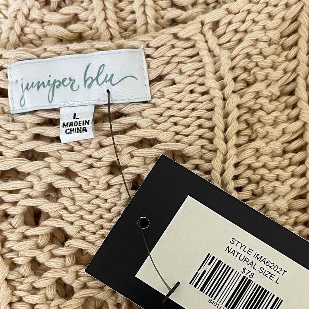 New JUNIPER BLU Womens Tan Deep V-Front Ruched Crochet Sweater Size Large - Picture 7 of 10